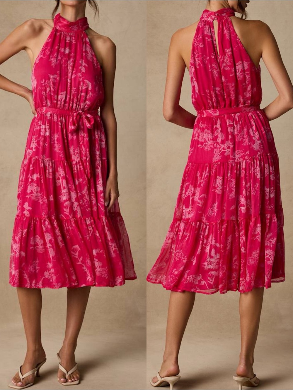 Lulus | Float to You Hot Pink Floral Print Halter-Neck Tiered Midi Dress